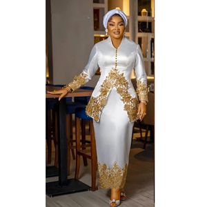 Elegante Arabisch witte schede avondjurken met gouden kant-appliques V-hals lange mouwen formele feestevenementen jurken 2024 moeder van de bruid jurk