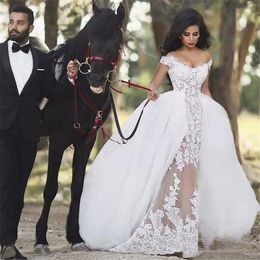 Élégant arabe femmes overskirts robe de mariée 2021 dentelle Appliques hors épaule blanc robes de mariée longues robes de mariée vestidos de novia