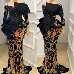 Elegante Aso Ebi Vestidos de noche Mangas largas Lentejuelas Meramid Estilo sudafricano Vestidos largos formales