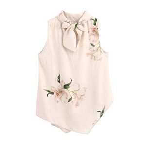 Elegante asymmetrie bloemenprint vrouwen tops blouses strikje kraag mouwloze kantoor dame shirts casual blusas mujer 210430