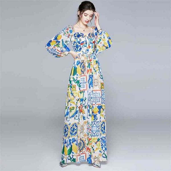 Elegante otoño azul y blanco flor de porcelana Maxi vestido mujeres volantes Sexy Slash cuello alto Split bohemio vestidos largos 210519