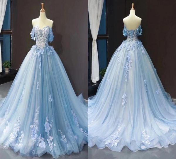 Elegante azul bebé azul 3d flores florales vestidos de quinceanera se viste del hombro