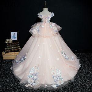 Robes de fleurs de robe de bal élégante pour les mariages couche transparent longtemps à l'épaule applique en dentelle en tulle