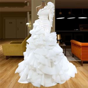 Elegante baljurk rok zeemeermin witte prom jurk een schouder gedrapeerde rije ruches Vestidos de avond feestjurk 0530
