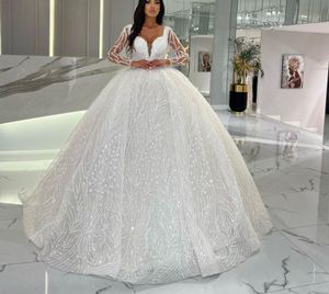 Robe de bal élégante robes de mariée manches longues col en V paillettes fermeture éclair appliques volants robes de mariée perles 3D dentelle robe formelle grande taille sur mesure Vestido de novia