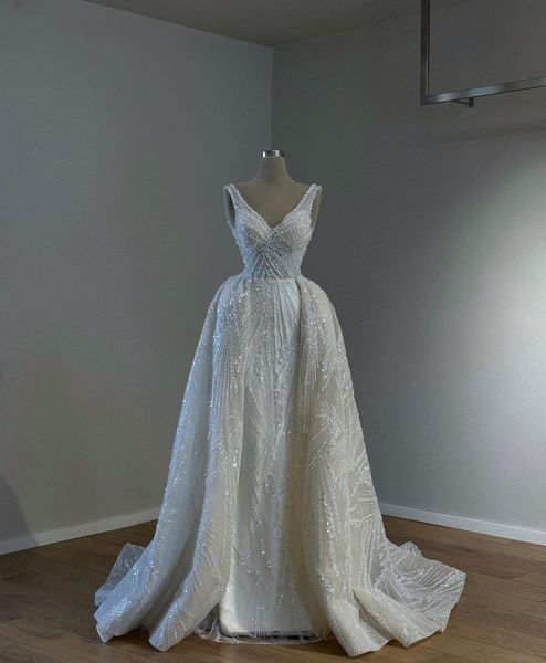 Robe de bal élégante robes de mariée sans manches col en V bretelles paillettes appliques volants fermeture éclair perles diamants train détachable grande taille robes de mariée robe de novia