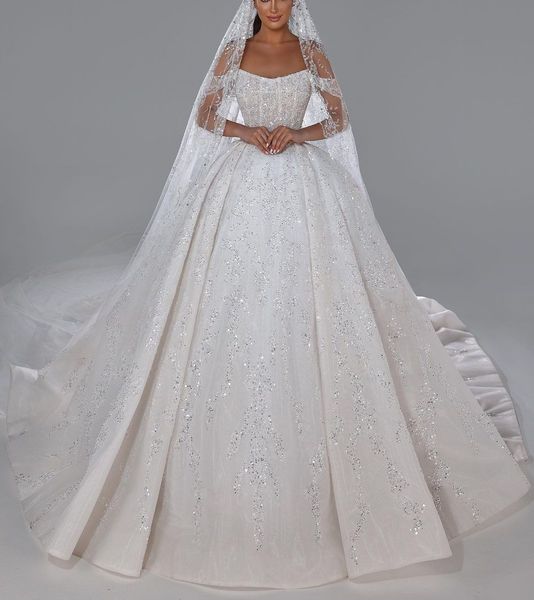 Robe de bal élégante robes de mariée sans manches col en V paillettes bretelles appliques volants fermeture éclair dentelle 3D grande taille à lacets perles diamants robes de mariée robe de novia