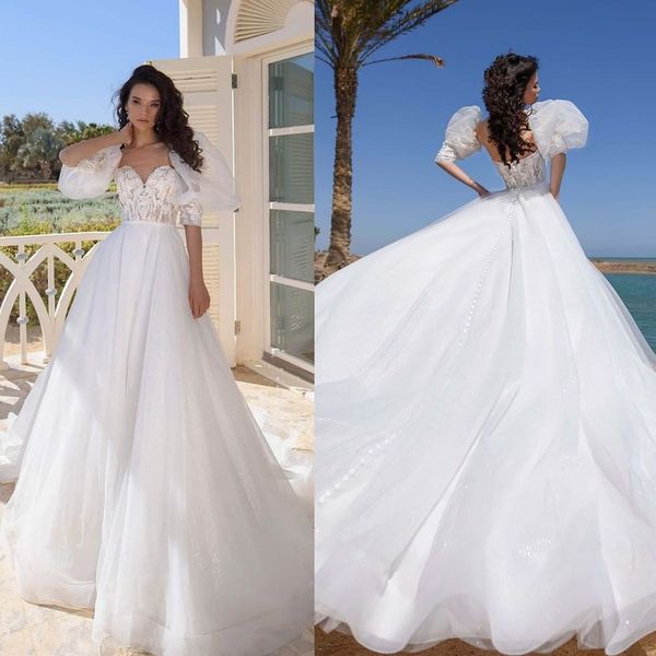 Élégante plage gonflée une ligne robe de mariée chérie lanterne manches robes de mariée longueur de plancher sur mesure robes de grande taille