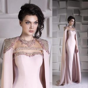 Eleganti abiti da sera in cristallo con perline con mantello avvolgente Abiti da sera arabi Dubai Abito da ballo rosa Robe De Soiree Abito formale da donna 225l