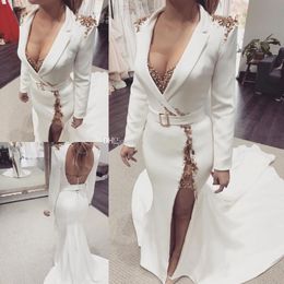 Élégante perlée sirène dos nu robes de soirée col en V profond manches longues côté fendu robes de bal balayage train robe de soirée en satin