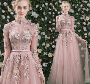 Elegante Bean Pink A-Line Prom Party Dress 2024 Hoge nek Lange mouwen Knoppen Kralen Lace Tule Evening Formele Pageant Robe de Soiree Vestidos de Fieast