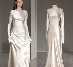 Robe De soirée élégante en Satin Beige, col bateau, manches longues, plis, dos nu, longue, robes De bal formelles