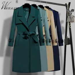 Elegant Belt Long Trench Coat Femmes 2023 printemps One Bouton doublé de luxe mince Gabardina Bureau Ladoue Collier d'automne 240102