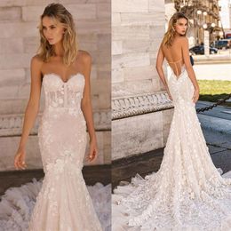 Robes de mariée élégantes Berta sirène pleine fleur 3D Appliqued robes de mariée sans bretelles dentelle dos nu balayage train robe de mariée215G