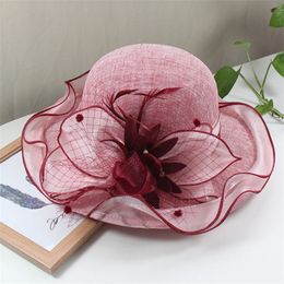 Elegante Big Bim Fedora Sun Hat Organza Flower Lace Wide Lady Wedding Party Church Cap 240415