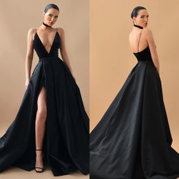 Élégant noir une ligne robes de bal plongeant col en V velours haut robe de soirée plis fente formelle longue Occasion spéciale robe de soirée