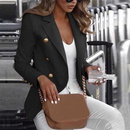 Elegante blazer negro chaqueta de mujer abrigos de manga larga botón blaser veste femme oficina profesional plus cardigans 211029
