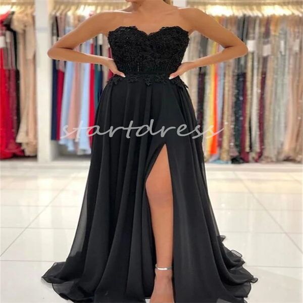 Élégante robe de soirée en mousseline de soie noire 2024 Boho dentelle senior robe de bal Glam balayage train bouton robe d'anniversaire formelle avec fente charmante robe de bal robes De Noche