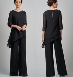 Elegante zwarte chiffon bruidsmoederpakken met juweelhals en halve mouwen op maat gemaakte bruiloftsgastjurken goedkoop 2019 grote maten3067237