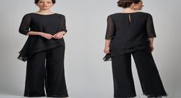 Elegante chifón negro Mother of Bride trajes con vestos de invitado de boda hechos a personalizados de cuello de cuello joya 2019 plus size2263031