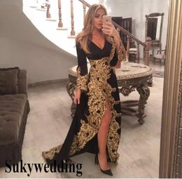 Elegante zwarte avondjurken met gouden kanten applique lange mouwen sexy dubai prom formal jurk vneck side split saoedi -Arabische pag3209986