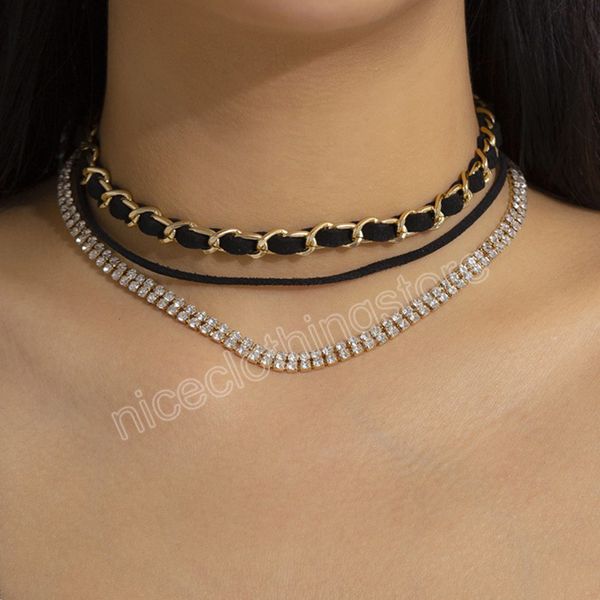 Gargantilla corta de cadena gruesa cruzada de franela negra elegante para mujer, Collar de cadenas de diamantes de imitación en capas de moda, joyería de moda