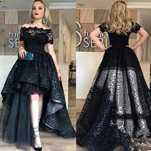 Elegante Zwarte Full Lace High Low Prom Dress Off Shoulder Korte Mouwen Avondjurken Hoge kwaliteit Fashion Party Gown Custom Made264M