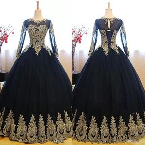 Elegant Zwart Gouden Kant Baljurk Quinceanera Jurken Sheer Lange Mouwen Applique Beaded Sweet 16 Jaar Vloerlengte Prom Party Avondjurk BC11521