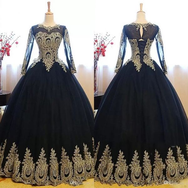 Elegante vestido de fiesta de encaje dorado negro Vestidos de quinceañera Mangas largas transparentes Apliques Con cuentas Dulce 16 años Longitud del piso Fiesta de baile Vestido de noche bc11521