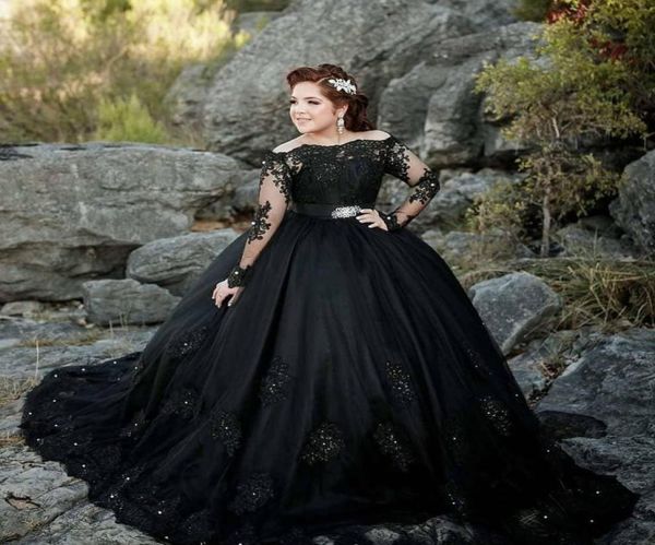 Élégante dentelle noire perlée Vintage Quinceanera robes manches longues robe de bal Tulle soirée robes douces 16 robes de bal 1314478