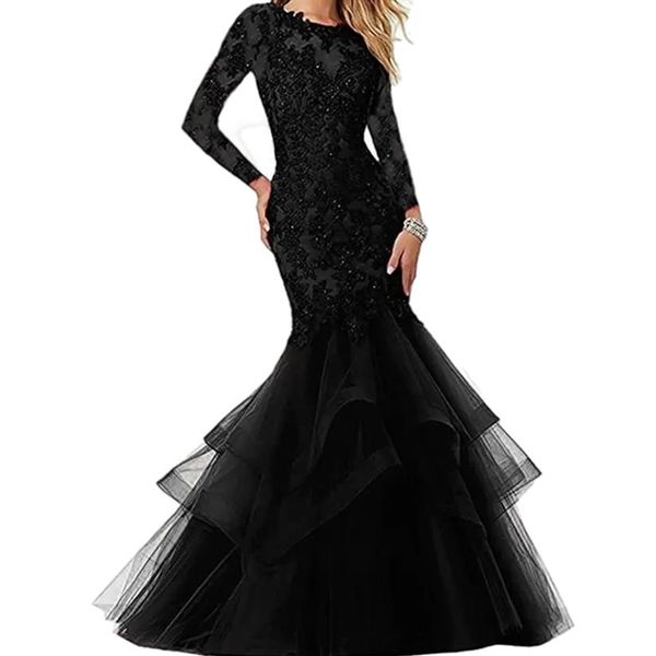 Élégante dentelle noire robes de soirée formelles sirène à manches longues longueur de plancher robes de soirée formelles pour les femmes perlées Appliques dîner Pr205D
