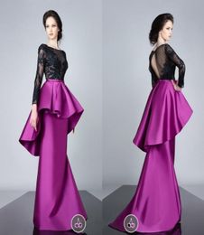 Elegantes vestidos de noche de encaje negro de manga larga Fushia Satin Ruffles Peplum Mermaid Prom Vestidos Hollow Back Saudi Formal Part9055577