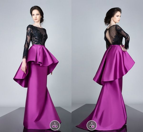 Élégante dentelle noire à manches longues robes de soirée Fushia Satin volants Peplum sirène robes de bal creux dos saoudien arabe robes de soirée formelles