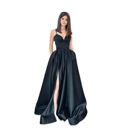 Robe De soirée longue noire élégante, ligne a, en Satin, fente haute, Simple, robes De bal, 2023