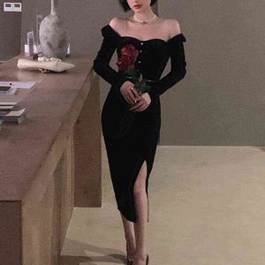 Élégant noir longue robe de velours femmes Vintage gothique chaîne fendue soirée robe de soirée Sexy hors épaule Y2K robe 2021 hiver nouveau G220414