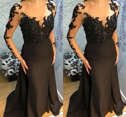 Elegante zwarte zeemeermin avondjurken sheer nek lange mouwen illusie kant applicaties sweep trein formele jurk prom jurk feestjurken