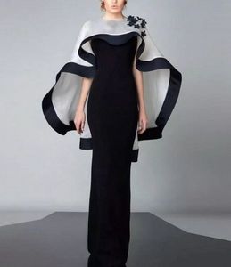 Élégant noir sirène robes de soirée avec Cape col rond fleurs Satin longue robe de bal Robe de soirée 2023 nouveau