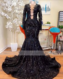 Robe de bal de forme sirène noire élégante, manches longues, col haut, paillettes, robes de soirée pour filles noires, 2023