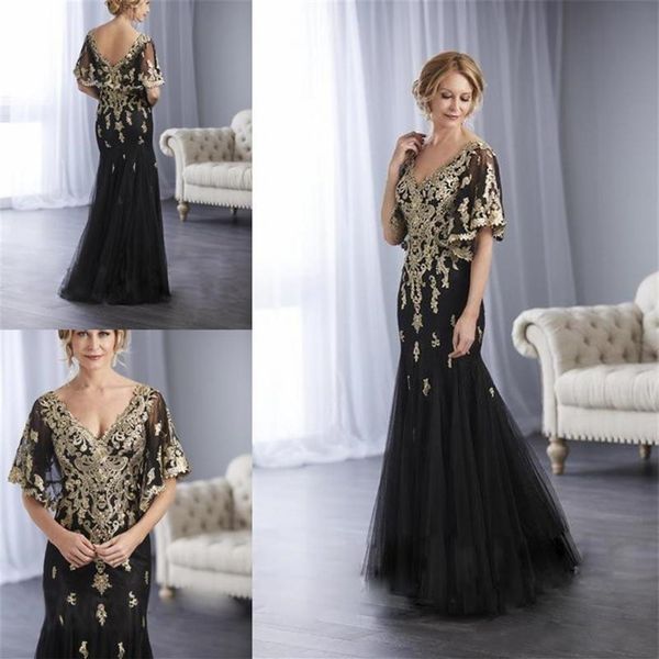 Elegante sirena negra Madre de los vestidos de novia con encaje dorado Apliques Vestido de invitados de boda Tallas grandes Madres Novio Noche Gow2164