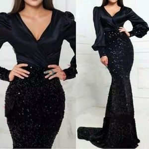 Elegant Black Mermaid Prom Dresses Silk Satin en lovertjes lange mouwen Formele avondjurken V-hals Glitter Speciaal gelegenheid Party Draag Robe de Soriee 2023