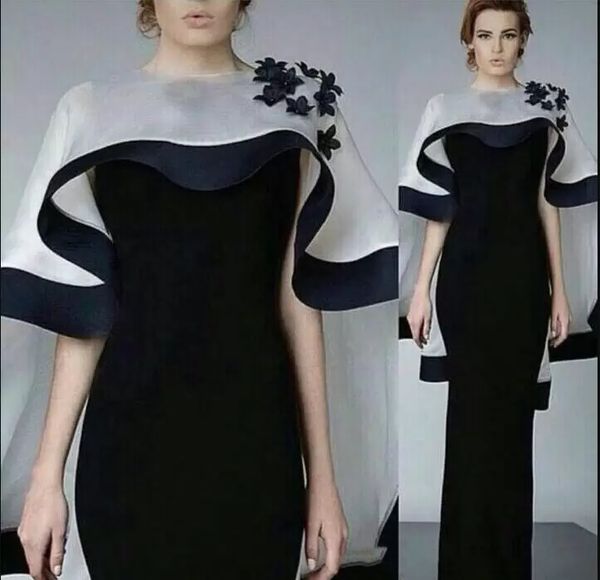 Élégant Noir Mère De La Mariée Robes De Mariée Avec Cape Ivoire Arabe Dubaï Gaine Longue Robe De Fête De Mariage Invité Fleurs Perlées Robes De Soirée Formelles