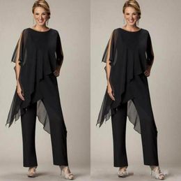 Élégant noir mère de la mariée pantalon Sutis en mousseline de soie bateau cou asymétrique Wrap style modeste mère 039s costume pour les mariages Cu3335260