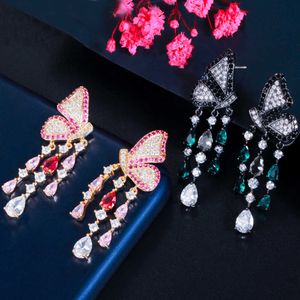 Élégant noir rose CZ pierre symétrique papillon frangé argent gland boucles d'oreilles pour femmes bijoux cadeau CZ867 210714