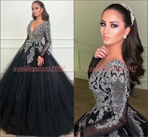 Elegant Black Plus Size V-nek Avondjurken Kralen Crystal Lange Mouw Arabische Party Pageant Formal zei Mhamad Prom Jurken Robe de Soirée