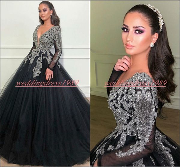Élégant noir plus taille en V-Neck Robes de soirée Perles Crystal à manches longues Pageant Formeant Said Mhamad Prom Robes Robe de Soir￩e