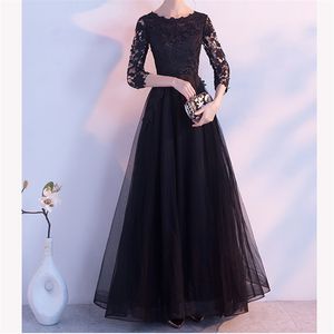 Elegant zwart, rood, roze, donkere marine lange moeder van de bruid jurken kant top halve mouwen rits terug goedkope jurk