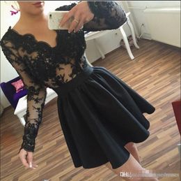 Élégant noir sexy robes de soirée courtes dentelle col en V manches longues mini robe de soirée de cocktail robes tenue de soirée robe vestidos de feista