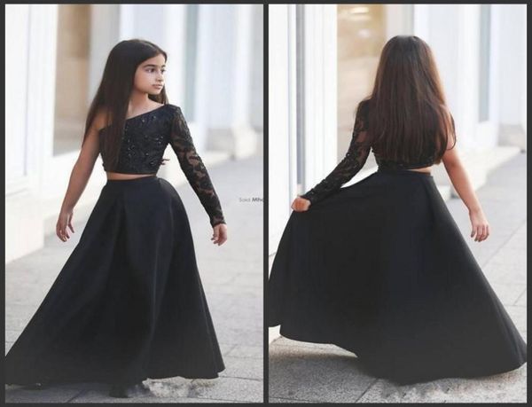 Elegante negro de dos piezas Girl039s Vestidos del desfile 2018 Nuevo solo manga larga Una línea Vestido de novia largo para niños Florista Gow1066530