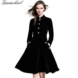 Elegante zwarte fluwelen jurk winter vrouwen vestido vintage lange mouw dames a-lijn jurken tuniek femme 210416