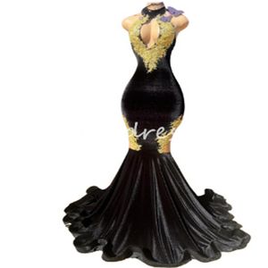 Elegante zwarte fluwelen prom -jurken met gouden kanten sleutelgat voorste zeemeermin avondjurk 2024 vloer lengte plus maat zwarte meisjes formele kleding dans verjaardagsfeestjes jurken